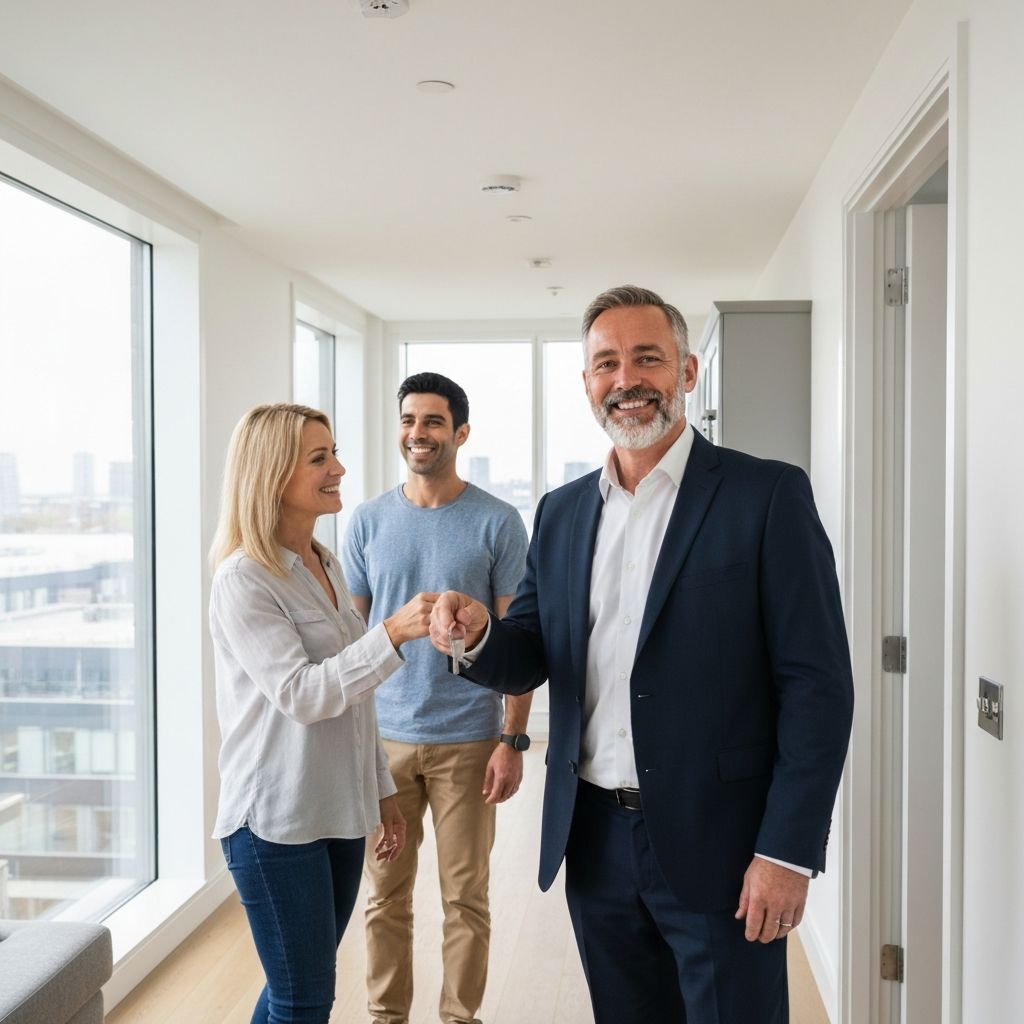 Agent handing keys to new tenants