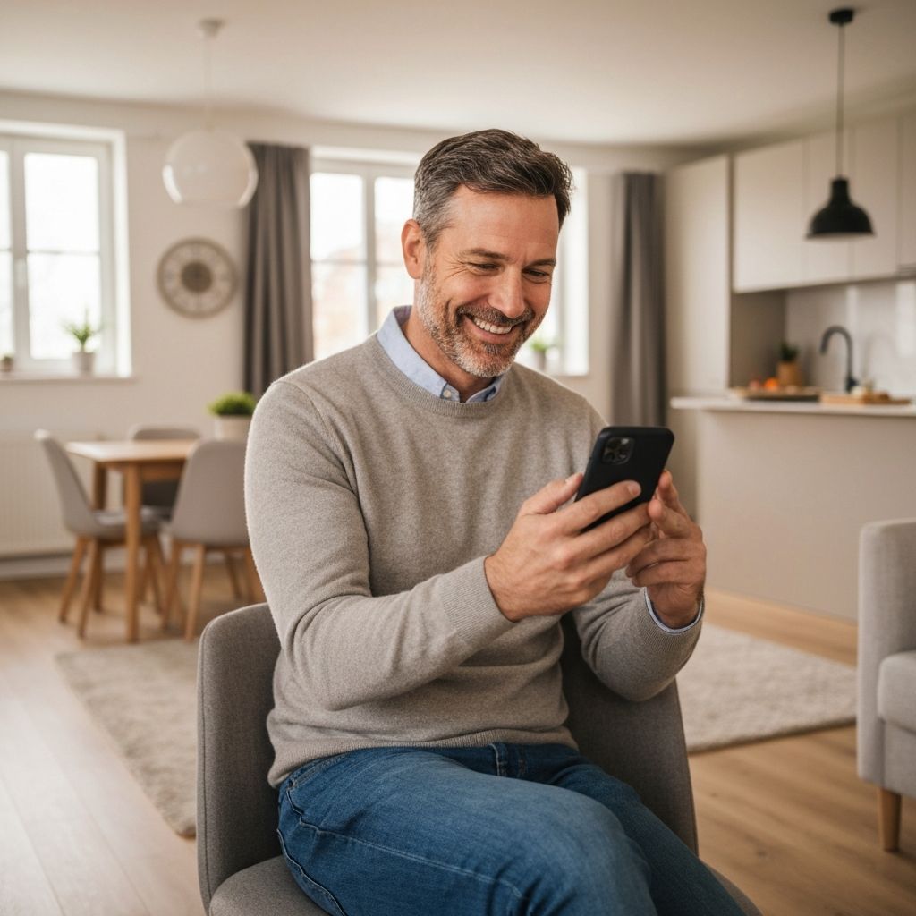 Relaxed landlord at home — checking rent without a suit-and-tie look